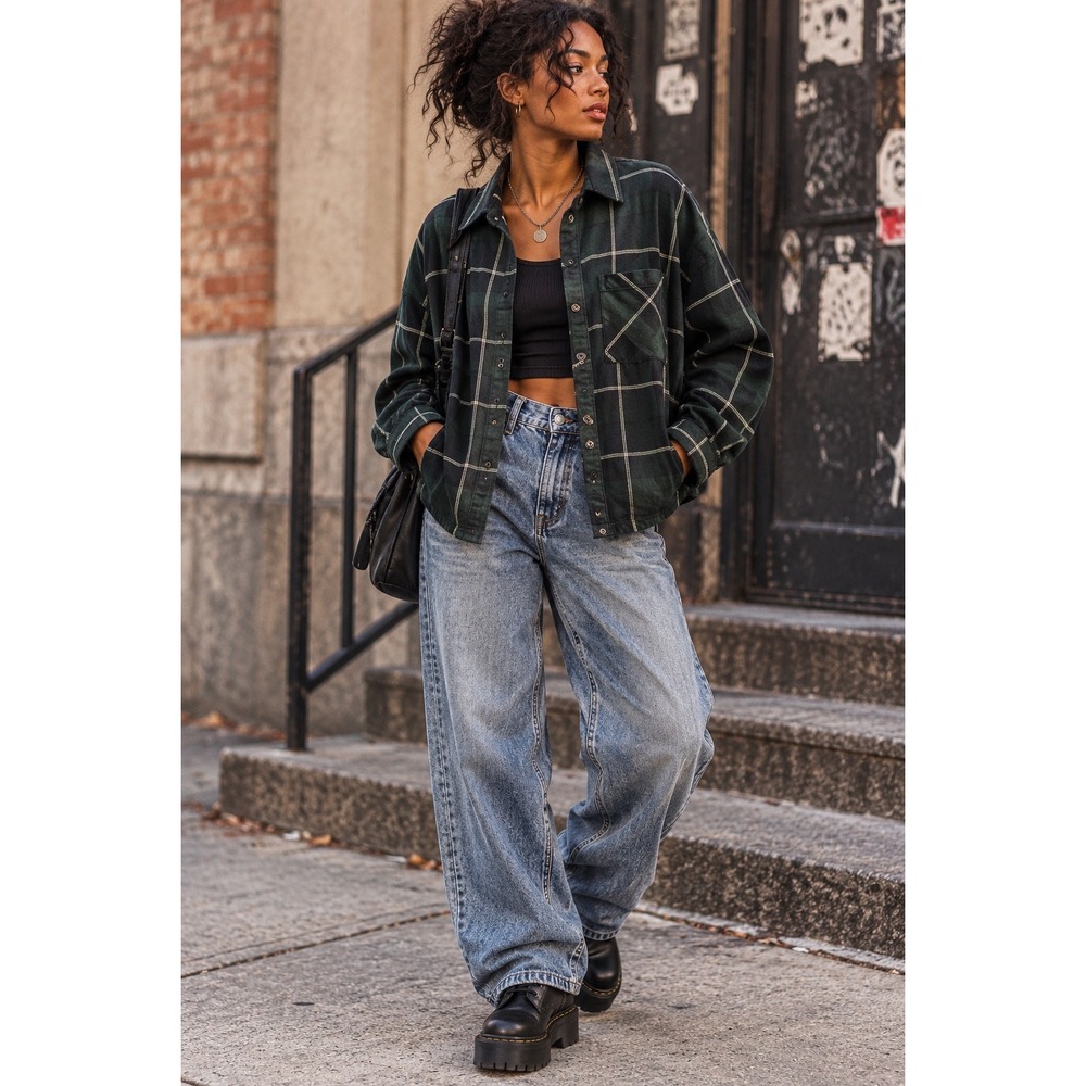 Wild Fable Green Windowpane Plaid Shirt Small Long Sleeve 90s Grunge Streetwear